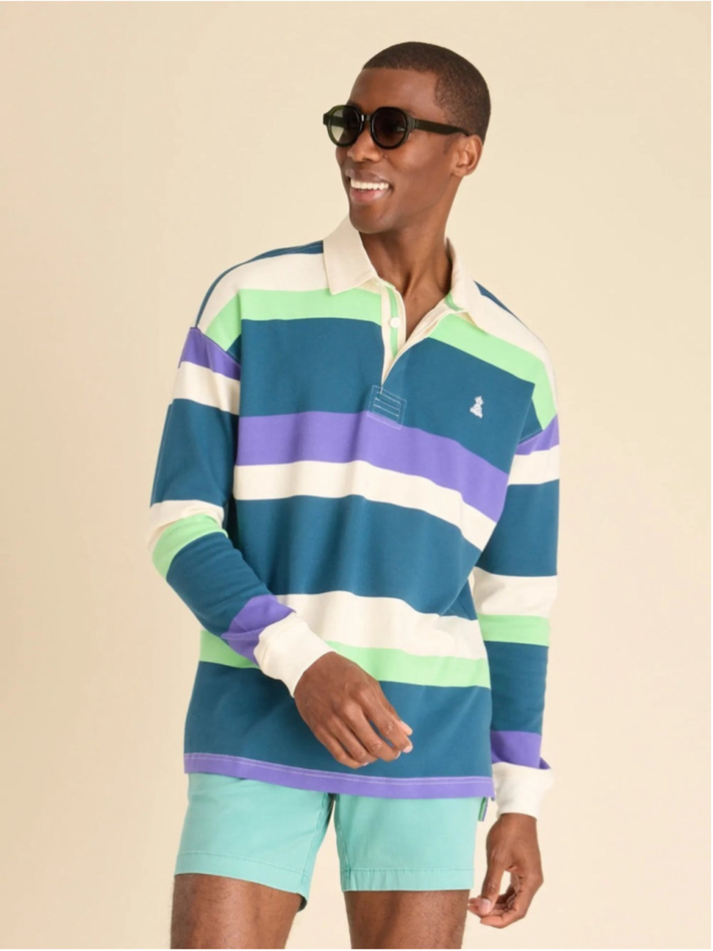 NEW Chubbies Men Striped Rugby Shirt Long Sleeve Polo Blue Green Weekend XL